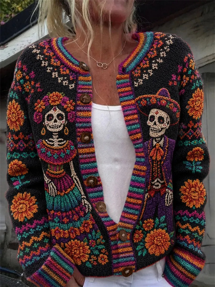 Women's Day Of The Dead Skeleton Couple Bright Blossom Motifs Print Knit Cardigan