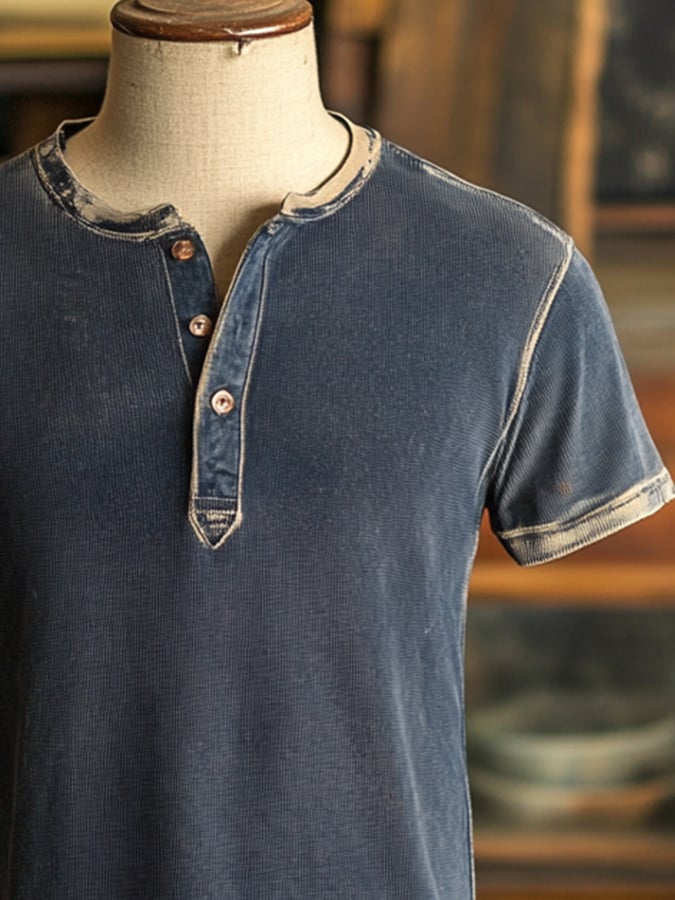 Men's Vintage Color Block Cotton Casual Henley Short Sleeve T-Shirt