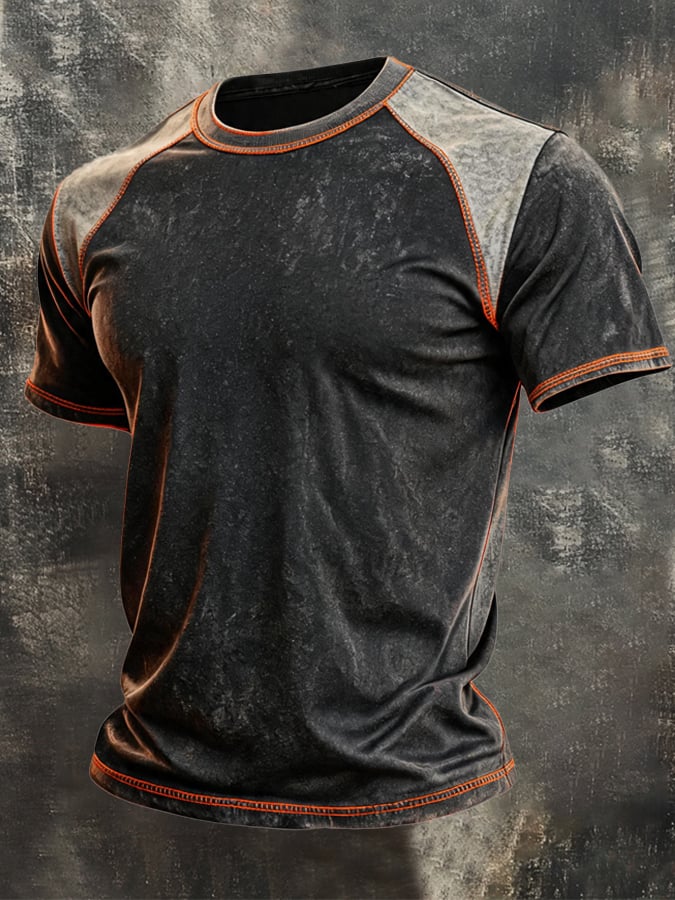 Men's Vintage-Style Distressed Color-Block T-Shirt