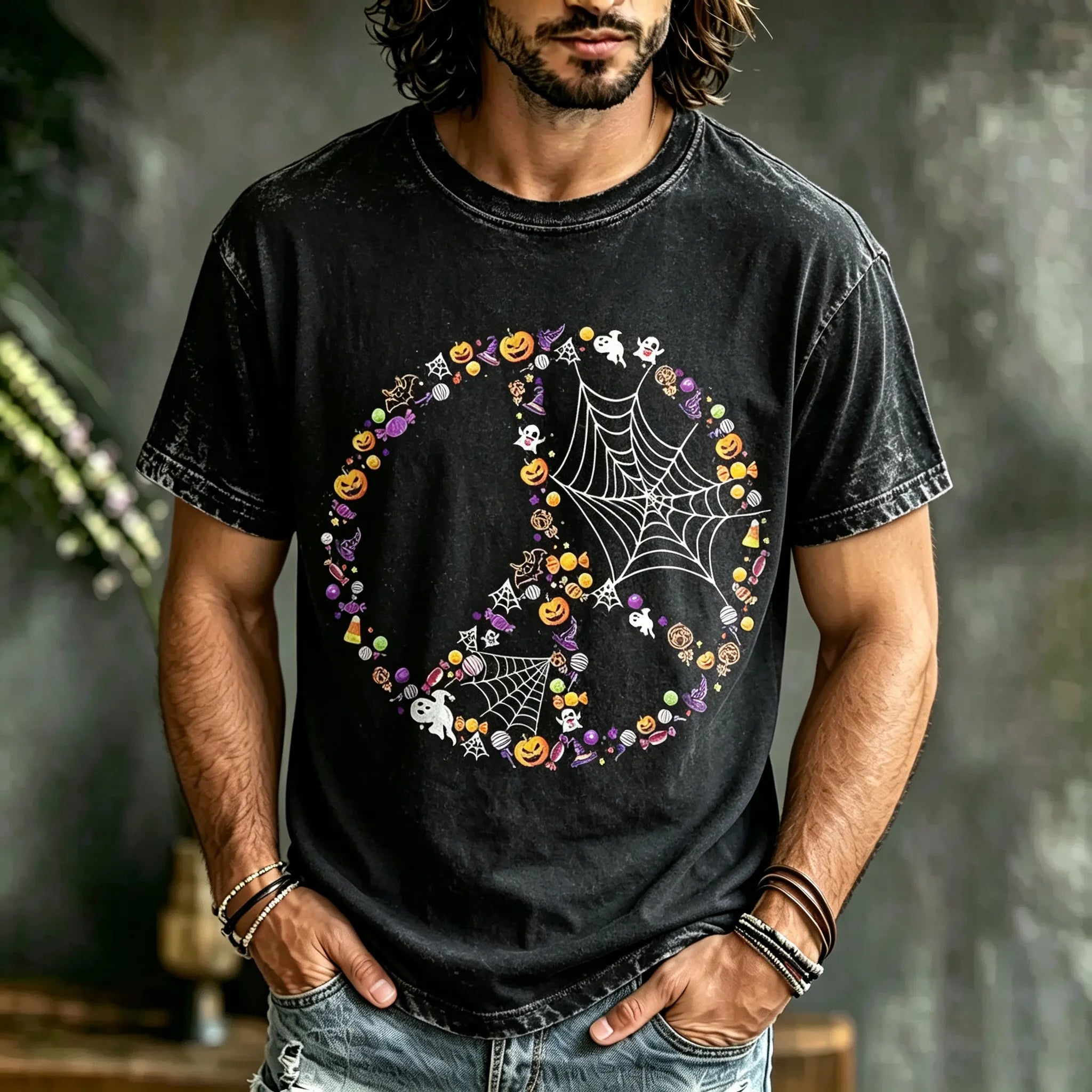 Men's Halloween Peace Symbol Pumpkin Spider Web Pattern Casual Crew Neck T-shirt