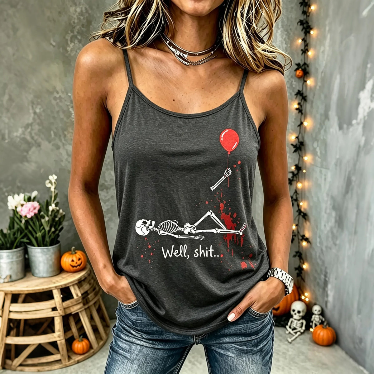 Women's Vintage Halloween Funny Skeleton Red Balloon Print Comfy Print Sleeveless Camisole Top