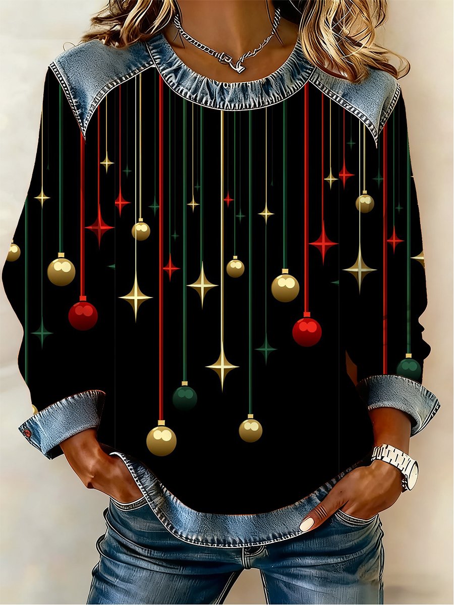 Women's Casual Retro Christmas Fleece-Lined Color-Blocked Sweatshirt