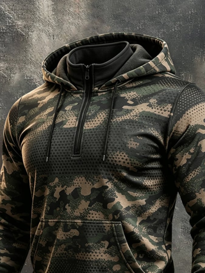 Men's Vintage Camo Print Quarter-Zip Hoodie