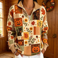 Women's Halloween Pumpkin Cat Color Block Plant Print Half-zip Hoodie
