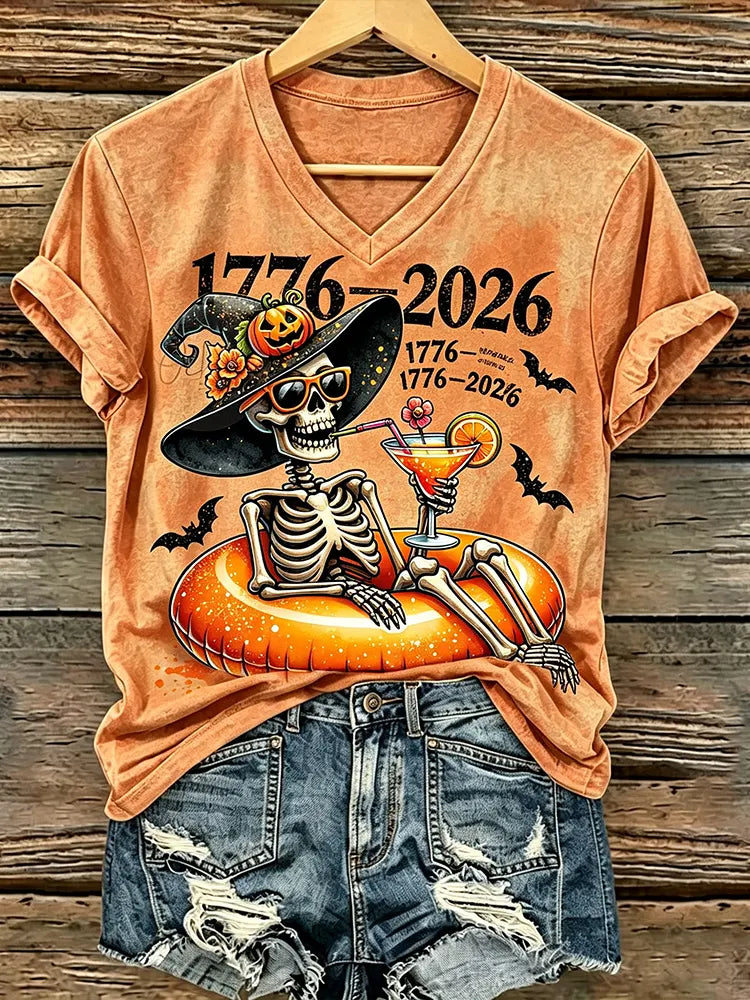 Women's Halloween Skeleton And America's 250th Anniversary Art Crewneck Casual T-shirt