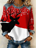 Women's Casual Retro Christmas Fleece-Lined Color-Blocked Sweatshirt