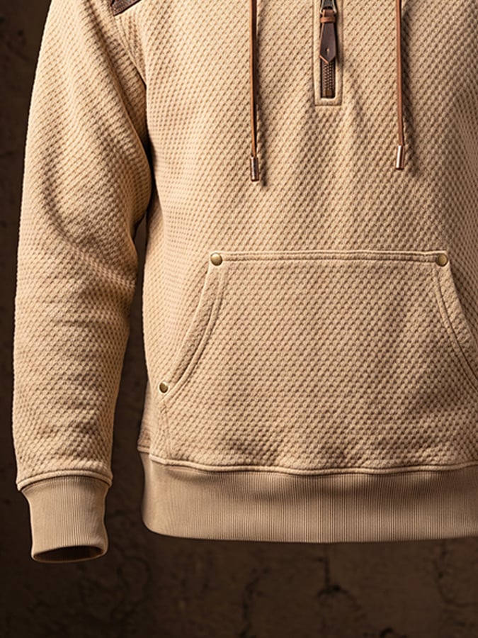 Men's Retro Textured Waffle-Knit & Leather Panel Zip-Up Hoodie