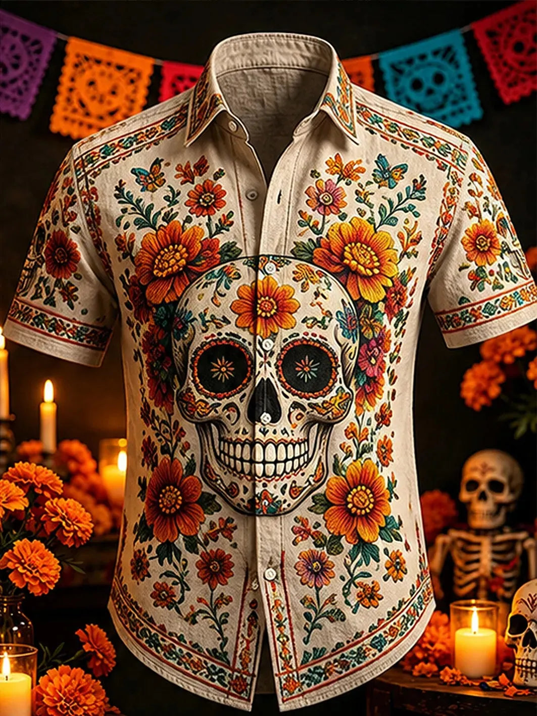 Men's Day Of The Dead Vintage Style Sugar Skull Flower Print Short Sleeve Buttons Shirt