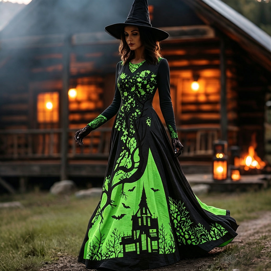 Women's Halloween Gradient Treehouse Design  V-neck Maxi Dress