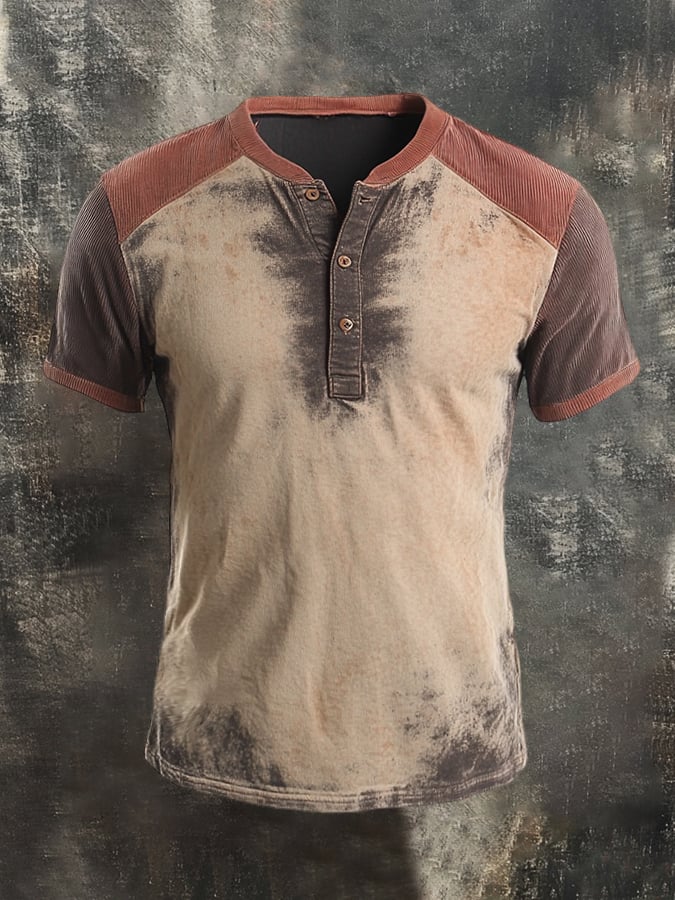 Men's Vintage Distressed Colorblock Casual Henley Short Sleeve T-Shirt