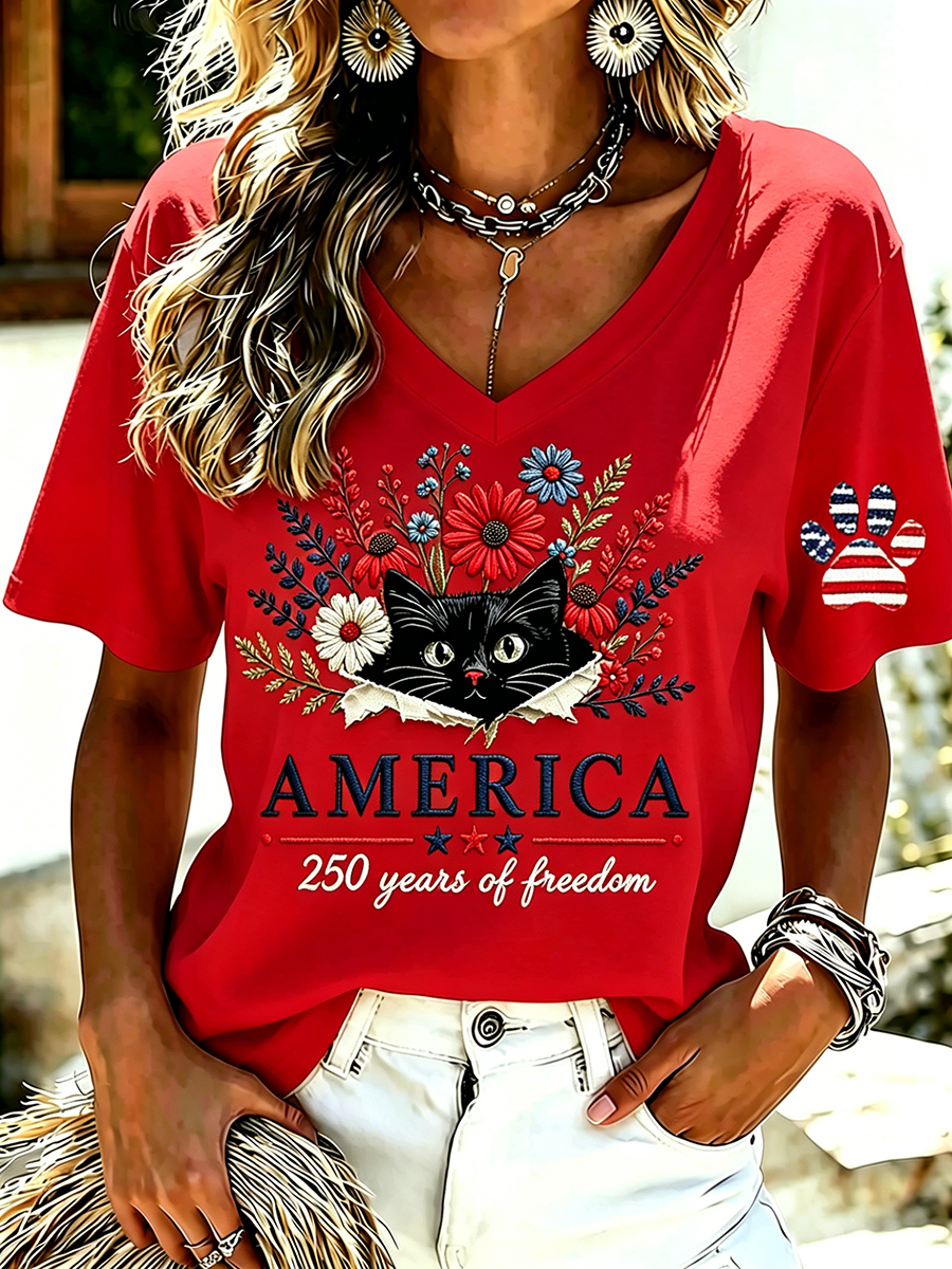 Women's Casual American Cat Floral V-Neck T-Shirt