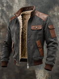 Men's Retro Leather-Panel Multi-Pocket Outdoor Jacket