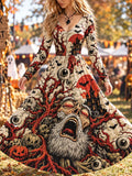 Women's Gothic Halloween Screaming Face, Eyeballs, Castle And Pumpkins Long Sleeve Midi Dress