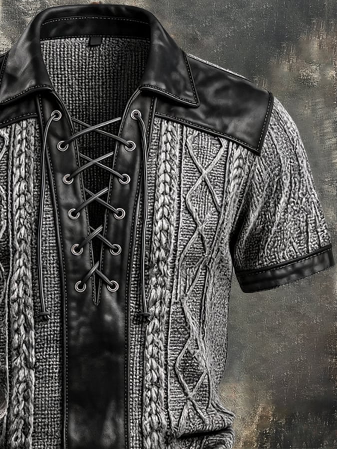 Men's Retro Textured Knit and Leather Panel Lace-Up T-Shirt