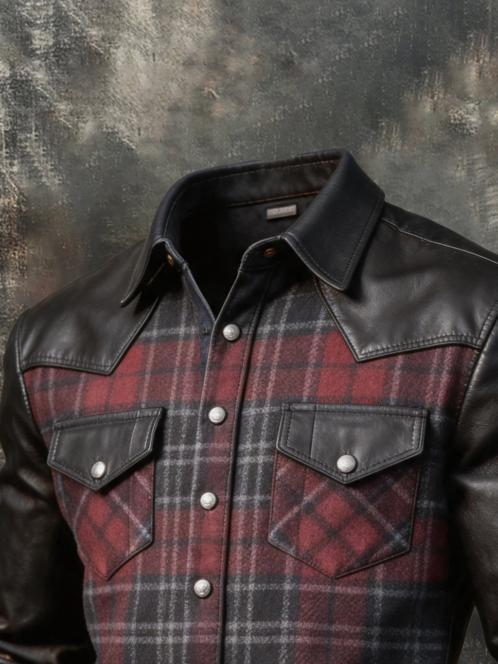 Men's Vintage-Style Plaid Shirt with Leather Paneling