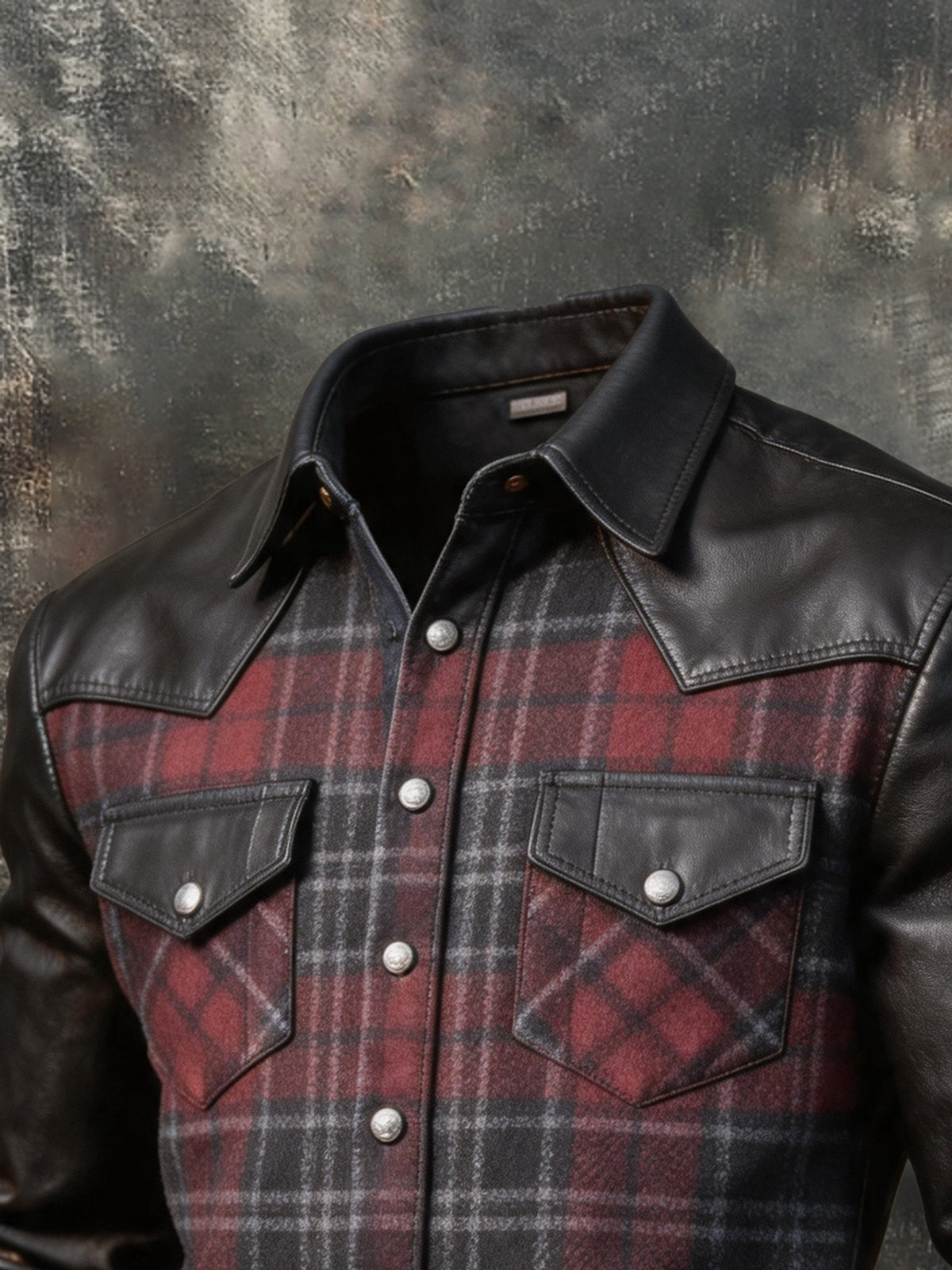 Men's Vintage-Style Plaid Shirt with Leather Paneling