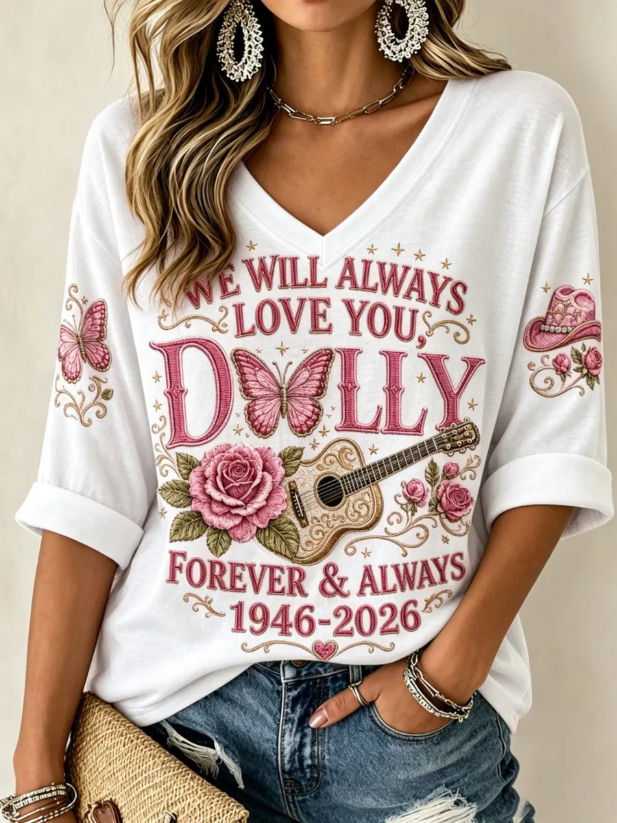 Women'S Commemorative Printed Waffle V-Neck Top