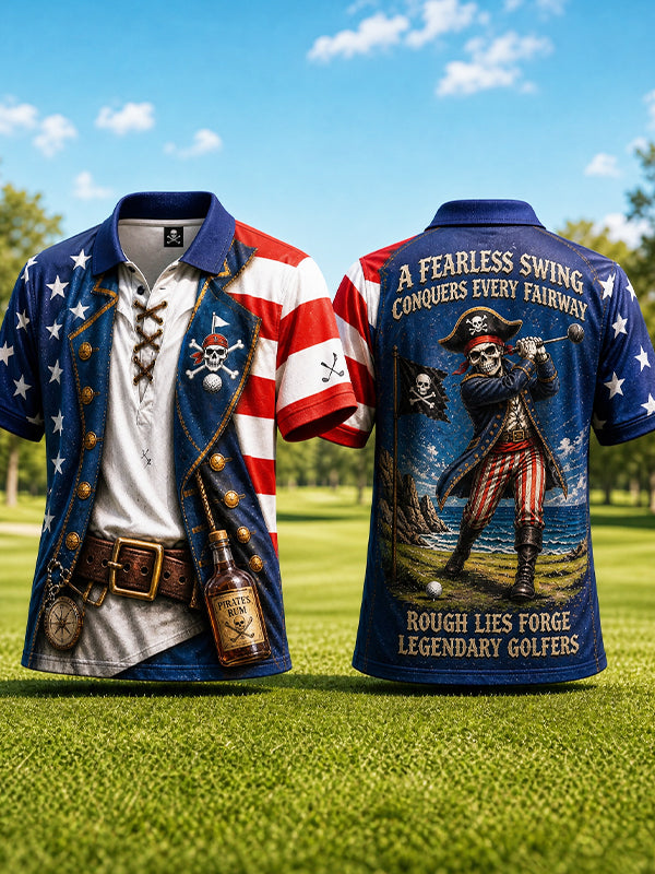 Men's Funny Skeleton Pirate Golfer Printed Short Sleeve Polo Shirt