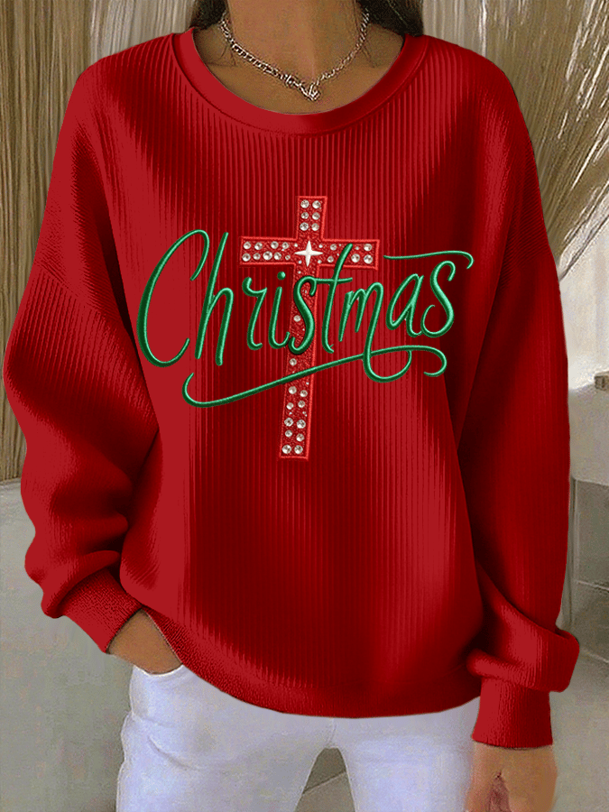 Women's Christmas Faith Print Knit Crew Neck Long Sleeve Top