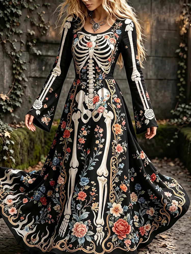 Women's Vintage Halloween Skeleton And Floral Art Print Crew Neck Long Sleeve Maxi Dress