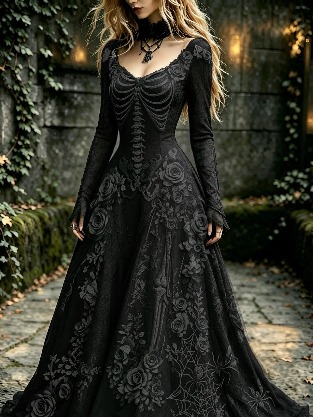 Women's Retro Gothic Black Rose And Human Skeletal Art Pattern Maxi Dress