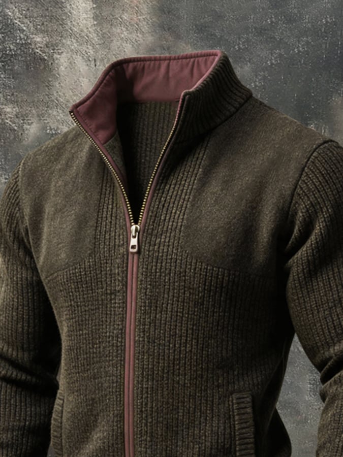 Men's Retro Color-Block Zip-Up Knit Jacket