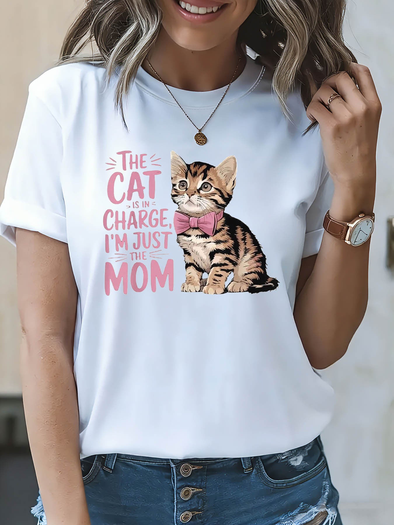Cat with Pink Bow Graphic T-Shirt