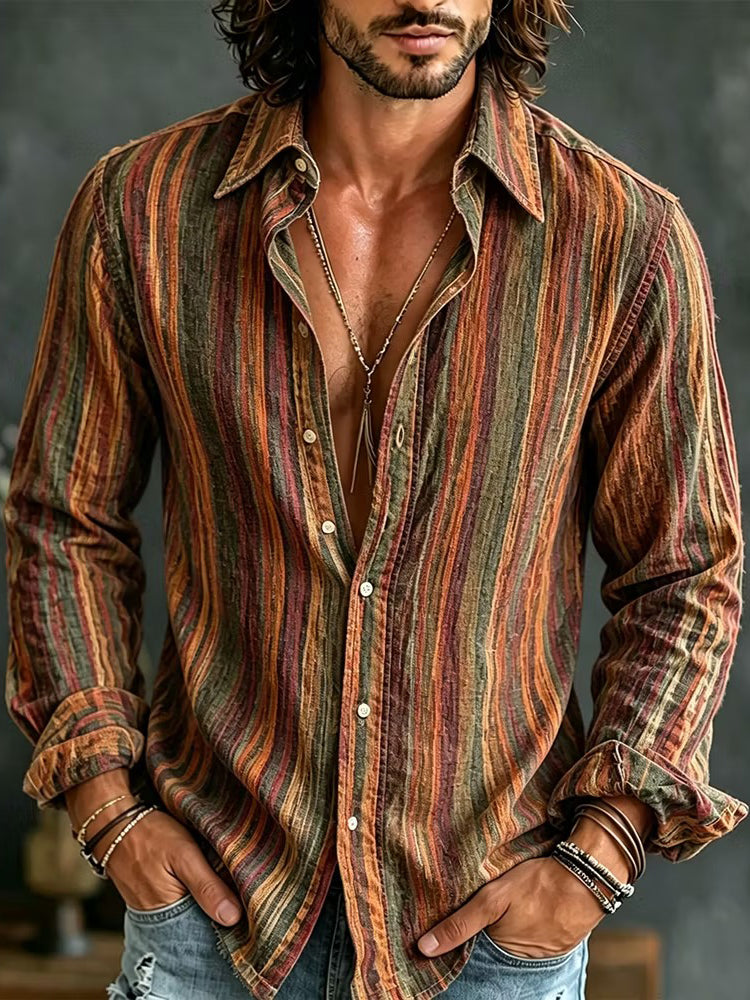 Men's Vertical Wavy Stripes Print Long Sleeve Shirt