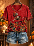 Women's Day Of The Dead Dancing Skeleton Lady Lush Vibrant Floral Blooms Print V Neck Raglan T-Shirt