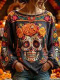 Women's Day Of The Dead Multicolored Sugar‐Skull Large Rose Bloom Print Lantern Sleeve Top