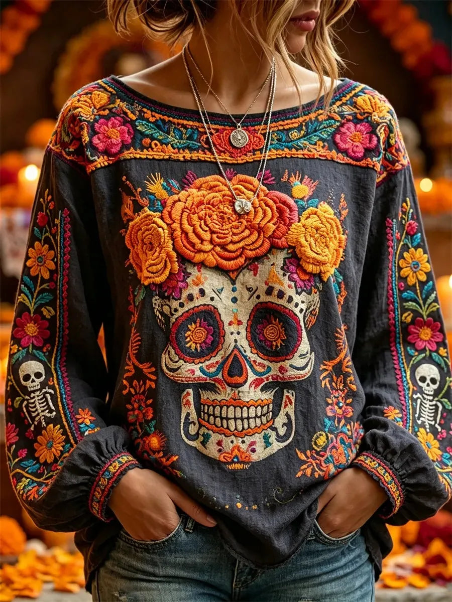 Women's Day Of The Dead Multicolored Sugar‐Skull Large Rose Bloom Print Lantern Sleeve Top