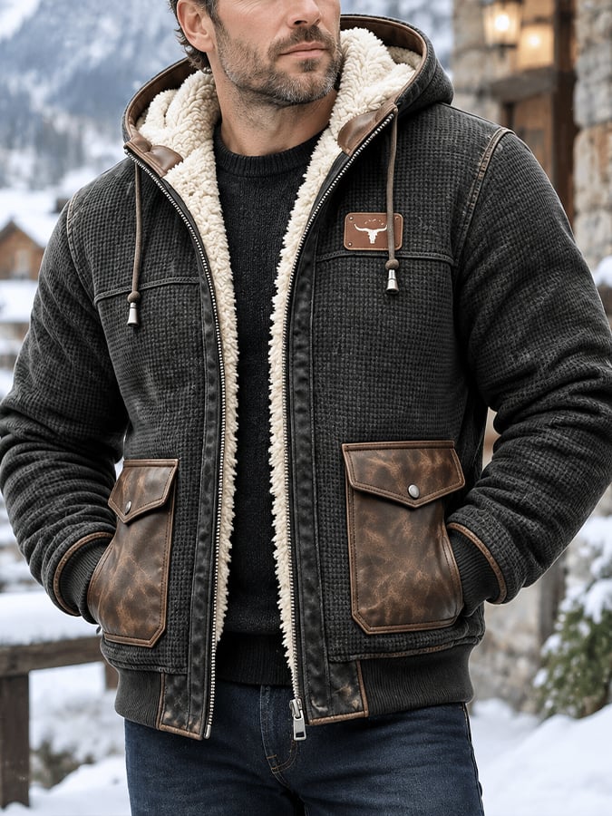 Men's Vintage Warm Multi-Pocket Outdoor Jacket with Waffle-Knit and Leather Paneling
