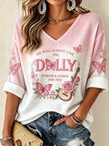 Women's Commemorative Print Casual Waffle V-Neck Top