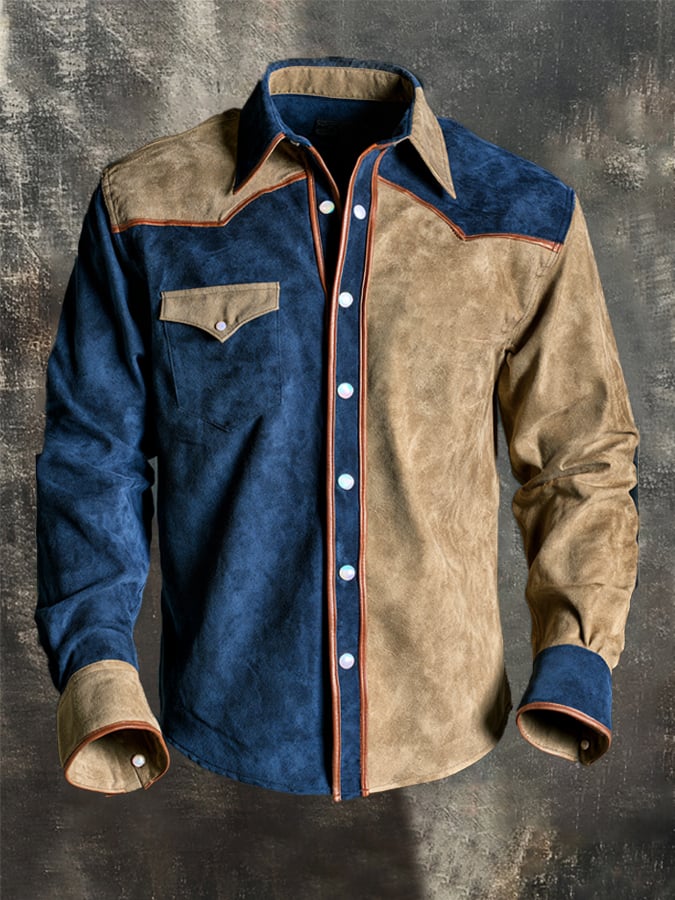 Men's Vintage Color-Block Faux Suede Western Shirt