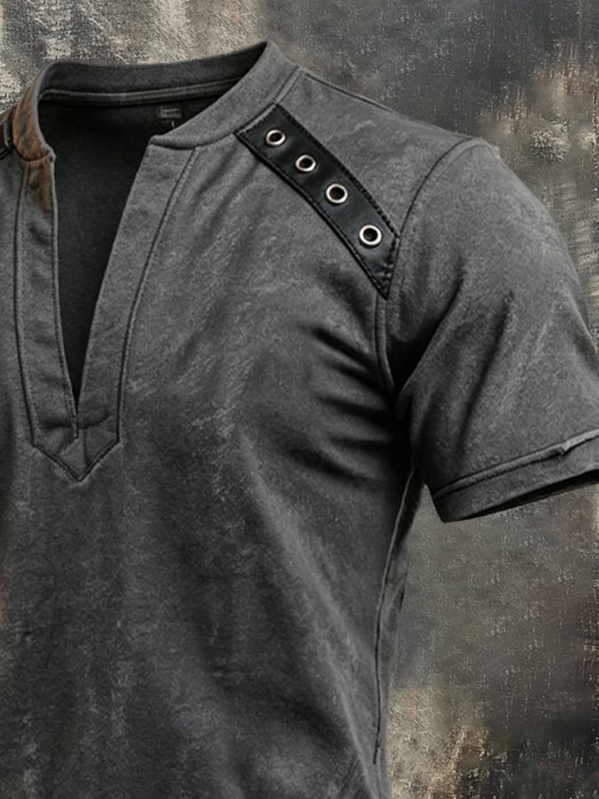 Men's Vintage Cotton-Leather Panel Henley T-Shirt