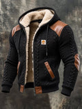 Men'S Retro Fleece-Lined Thermal Color-Block Hooded Jacket With Textured Cable-Knit Detail