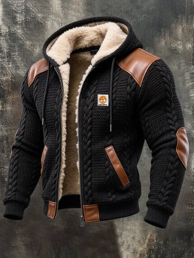 Men'S Retro Fleece-Lined Thermal Color-Block Hooded Jacket With Textured Cable-Knit Detail