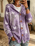 Women's Purple Butterfly and Floral Print Casual Cardigan
