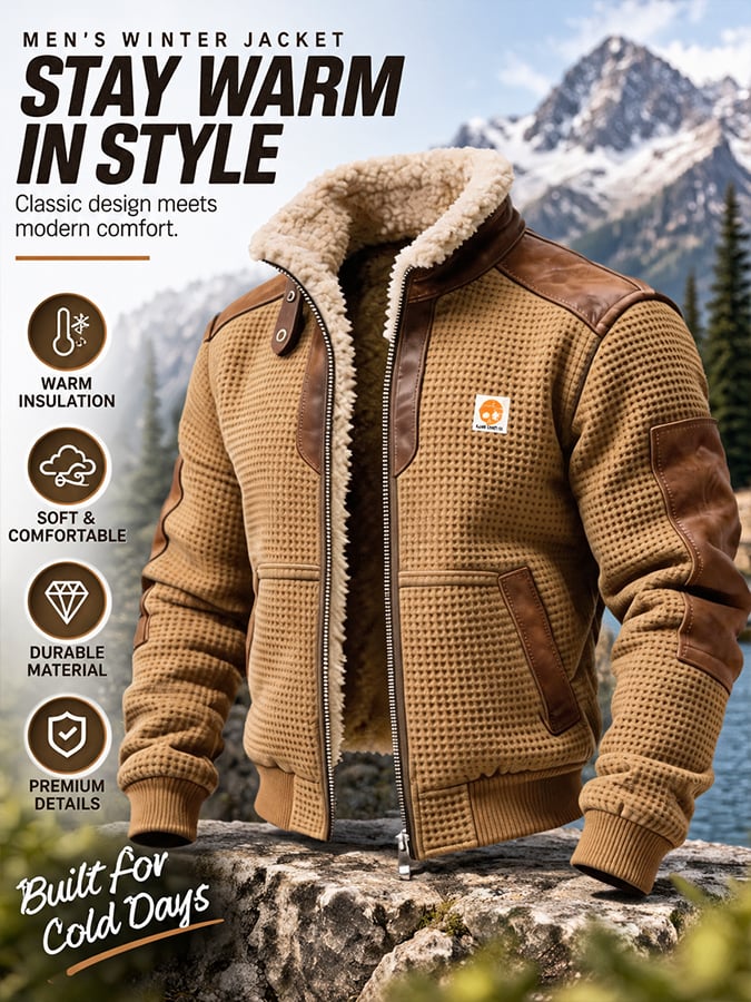 Men's Vintage Thermal Waffle-Lined Multi-Pocket Outdoor Leather Jacket