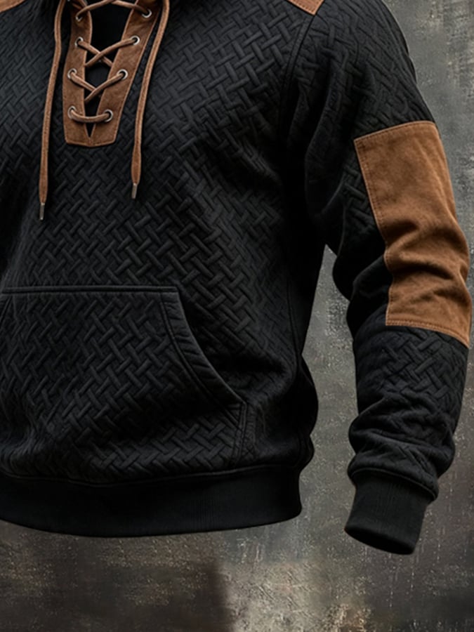 Men'S Retro Textured Panel Sweatshirt With Suede Details And Lace-Up Collar