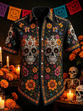 Men's Day Of The Dead Floral Skull Head Allover Print Short Sleeve Buttons Shirt