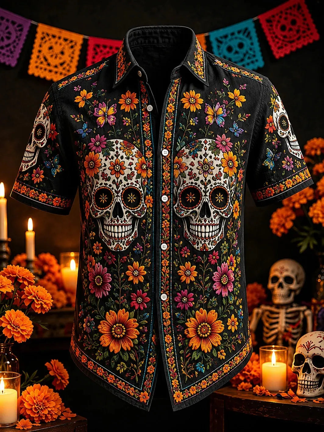 Men's Day Of The Dead Floral Skull Head Allover Print Short Sleeve Buttons Shirt