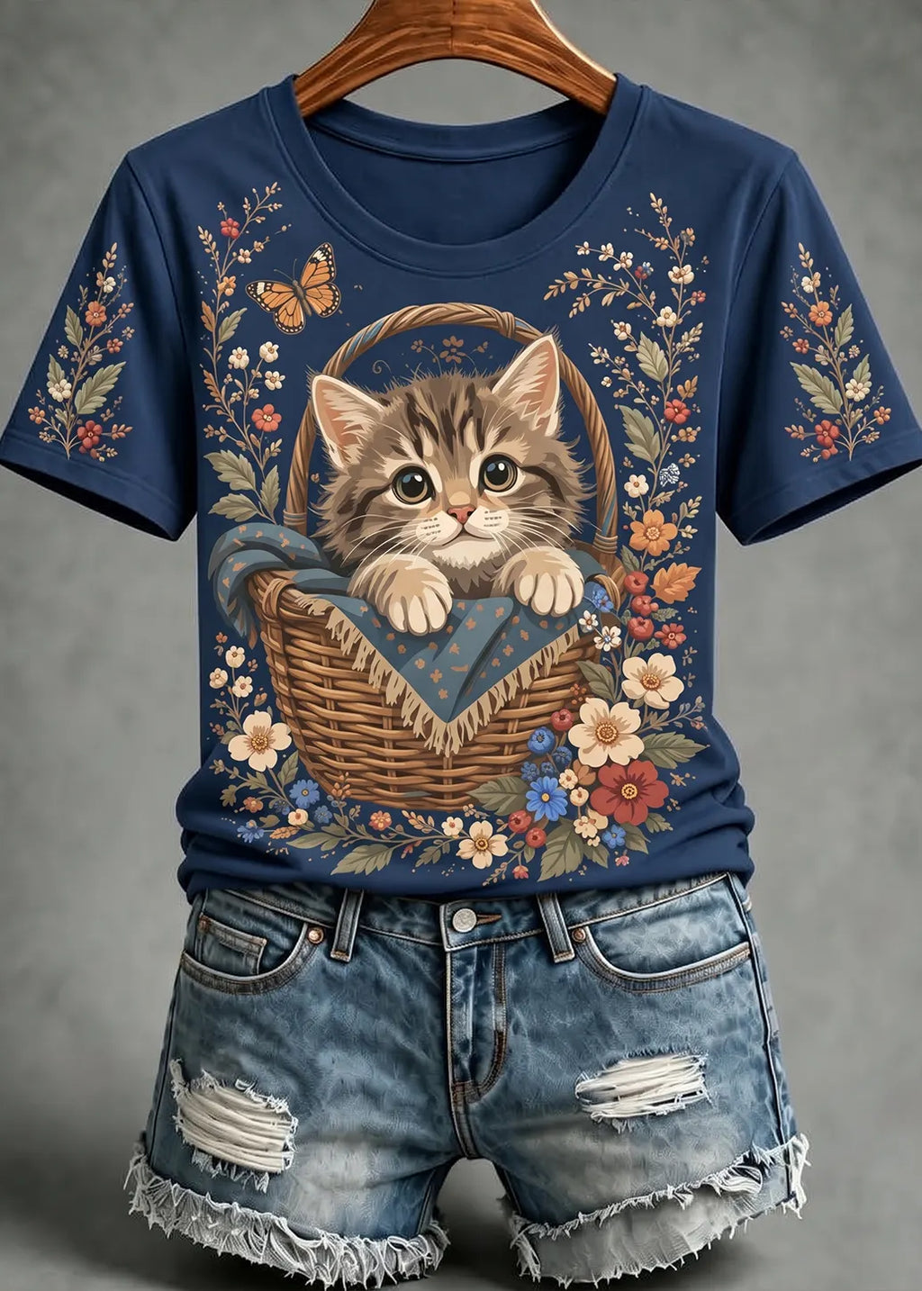 Women's Autumn Cute Cat Art Short Sleeve T-shirt