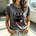 Women's Retro Lake Ontario Cat Art Print Crew Neck Short Sleeve T-shirt