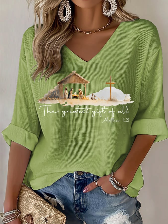 V-Neck Retro Christmas The Greatest Gift Of All Is Jesus Matthew 1:21 Print T-Shirt
