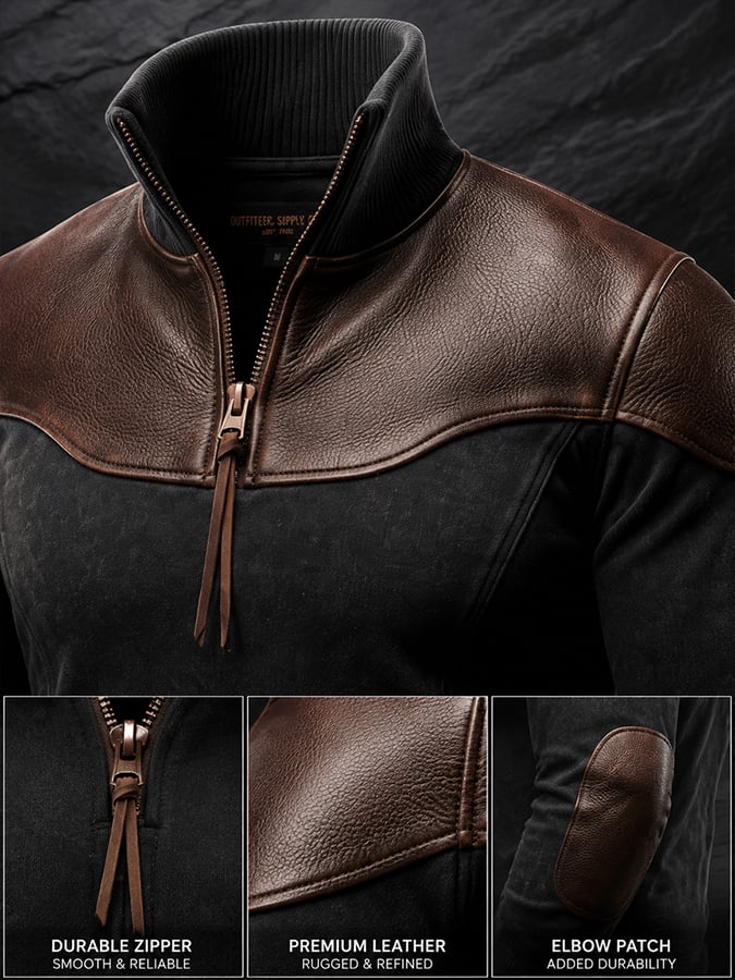 Men's Retro Faux Leather-Panel Comfortable Sweatshirt