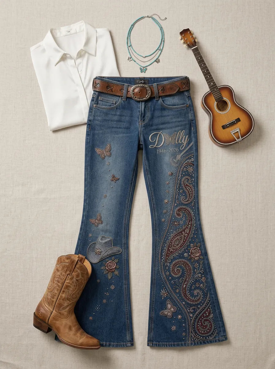Women's Dolly Parton Butterfly Paisley Guitar Printed Flare Jeans