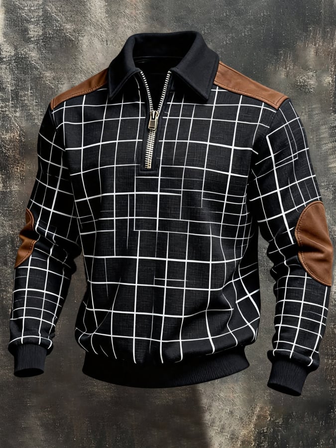 Men's Retro Color Block Print Color-Blocked Zip-Up Sweatshirt