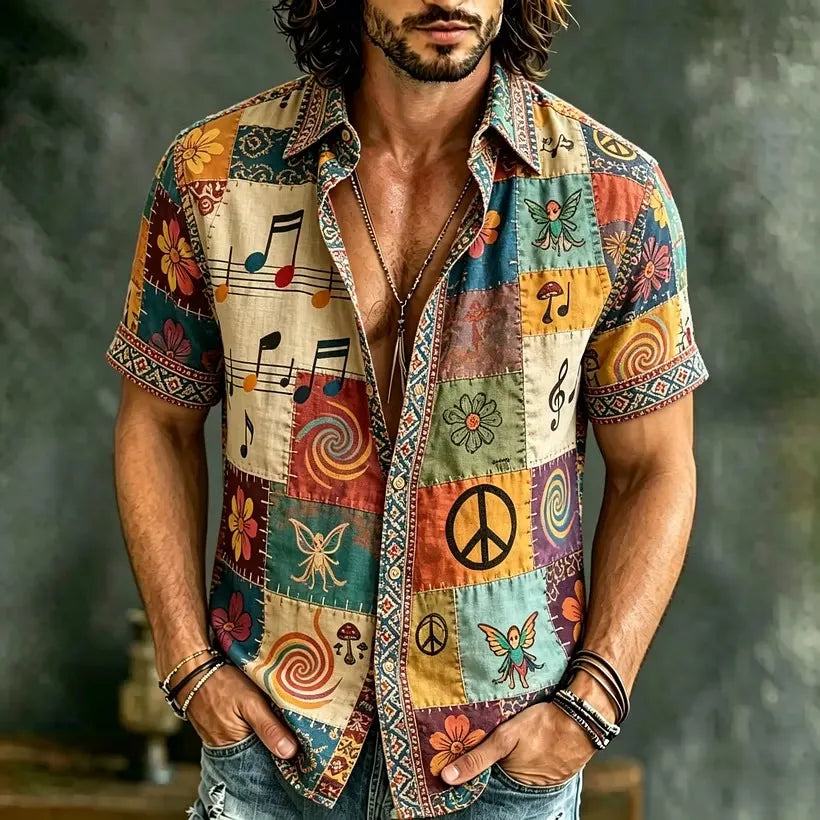 Men's Hippie Collage Music and Fairy Print Short Sleeve Buttons Shirt