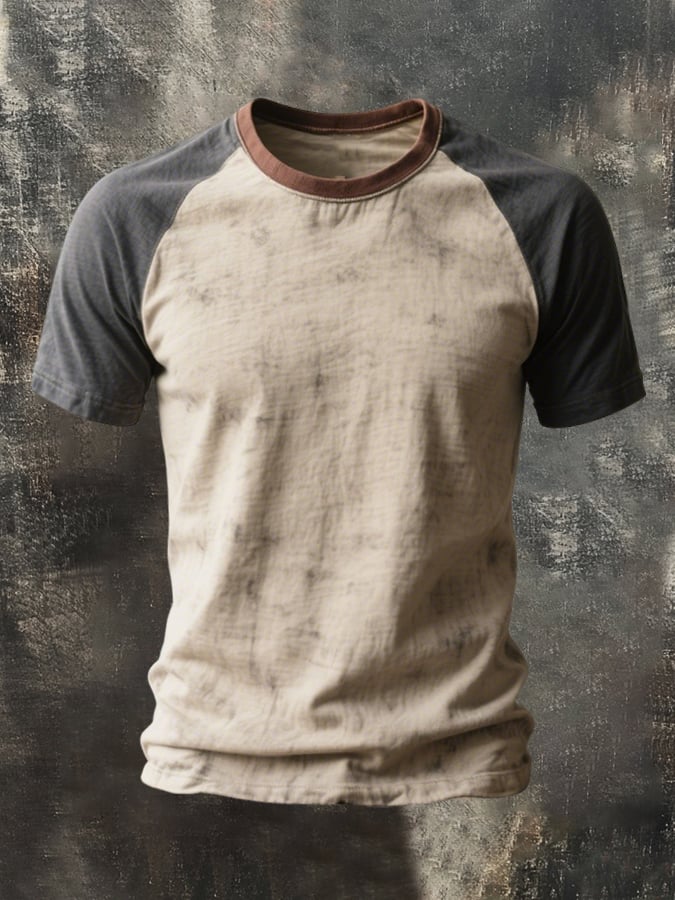 Men's round-neck raglan-sleeved T-shirt in color block style
